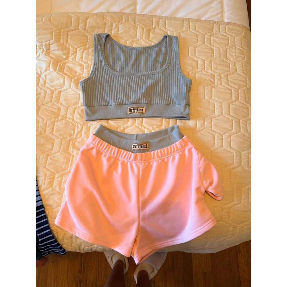 NYTSTREET Pink Blue 2 Piece Athletic Shorts Crop Top Set